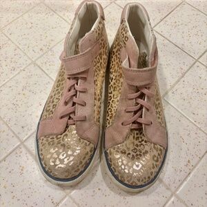 Mini Boden Elasticized Lace High Top Pink Leopard Print Leather Suede Sz 39/8